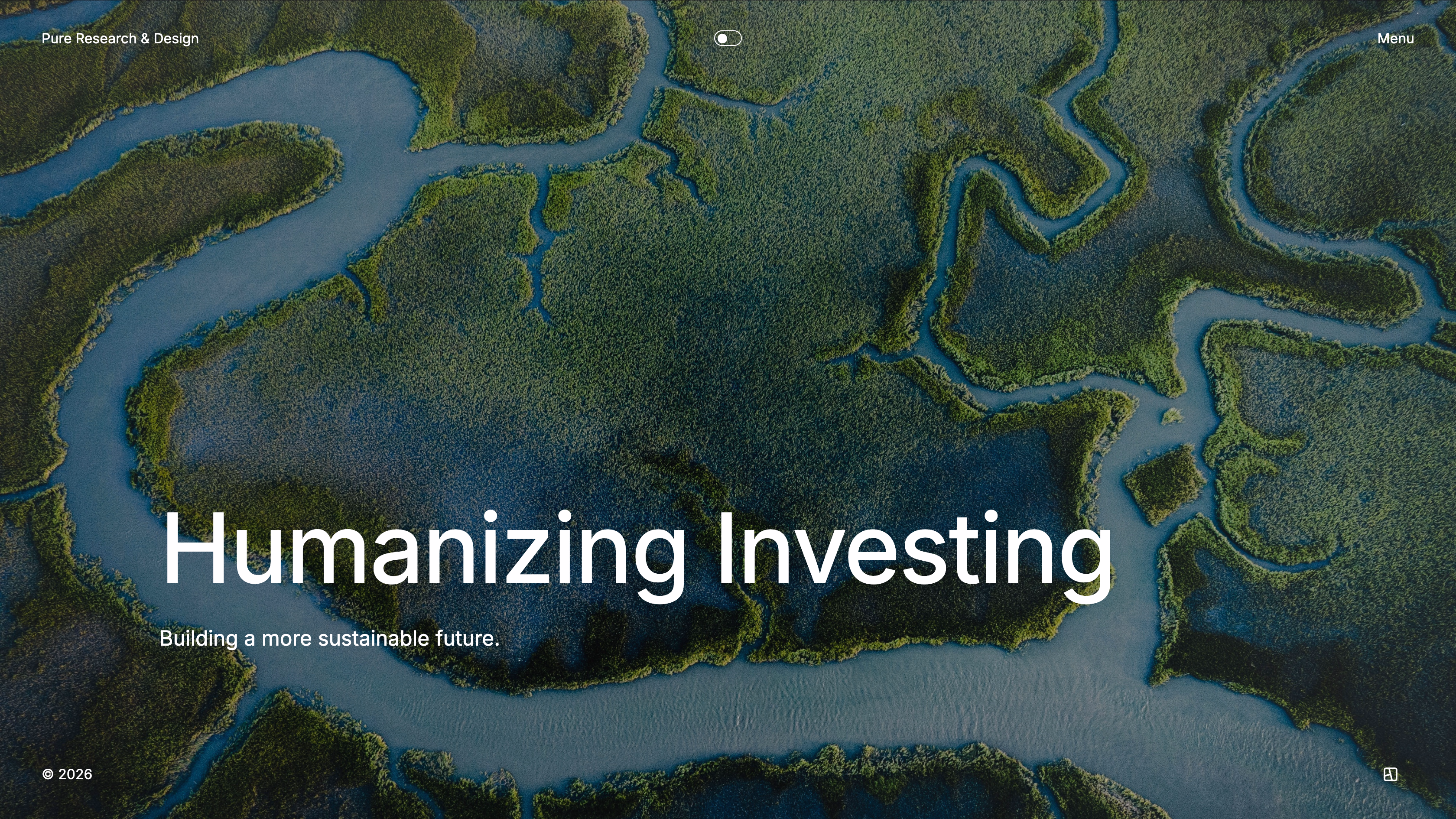 The Ethic case-study hero with the headline Humanizing Investing over an aerial mangrove photograph.